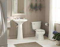 Stand-alone decorative bathroom sink with a mirror above it next to a white toilet.