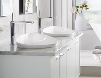 Bathroom counter with two decorative bathroom sinks next to each other.