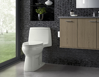 Decorative white toilet next to a brown bathroom sink cabinet unit.