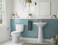 Decorative white bathroom toilet next to a stand-alone decorative bathroom sink.